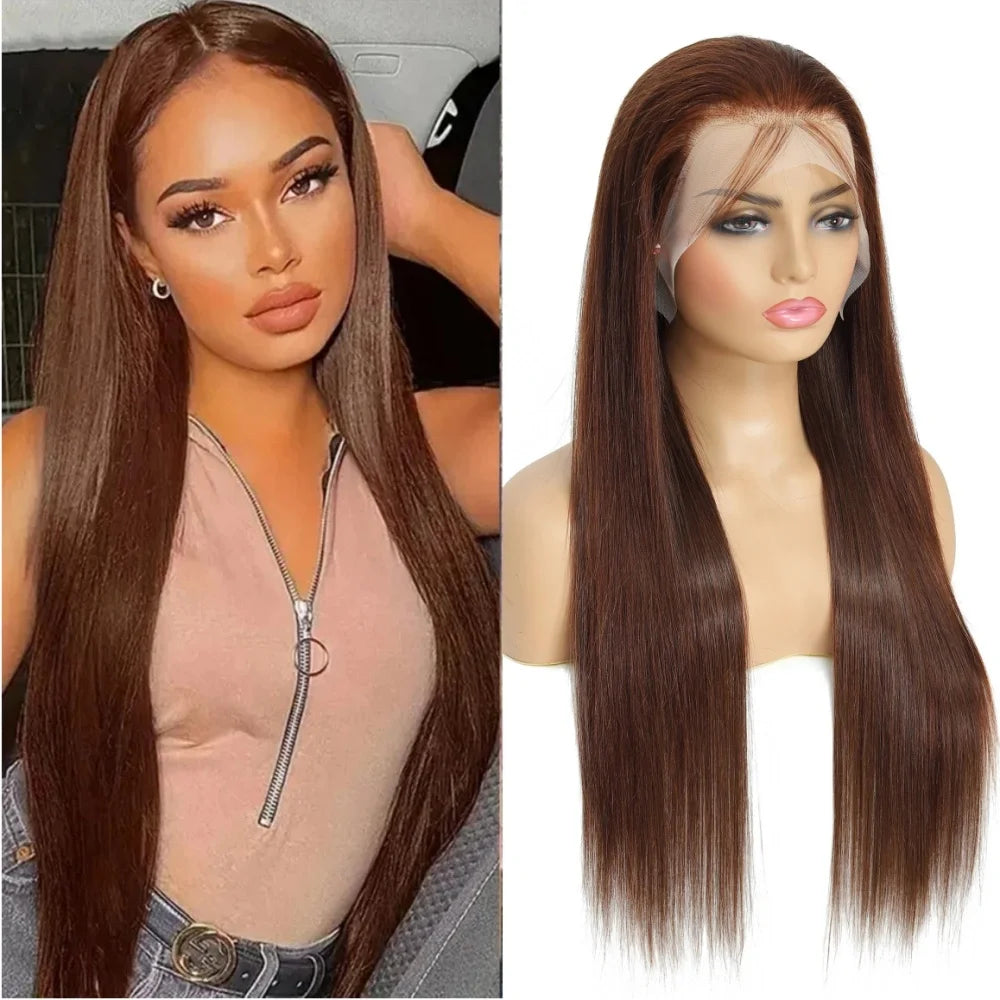 36 Inch Bone Straight Chocolate Brown 13x6 Lace Frontal Wigs 100% Brazilian Virgin Hair Pre Plucked Glueless Wigs Human Hair Wig