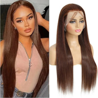 36 Inch Bone Straight Chocolate Brown 13x6 Lace Frontal Wigs 100% Brazilian Virgin Hair Pre Plucked Glueless Wigs Human Hair Wig