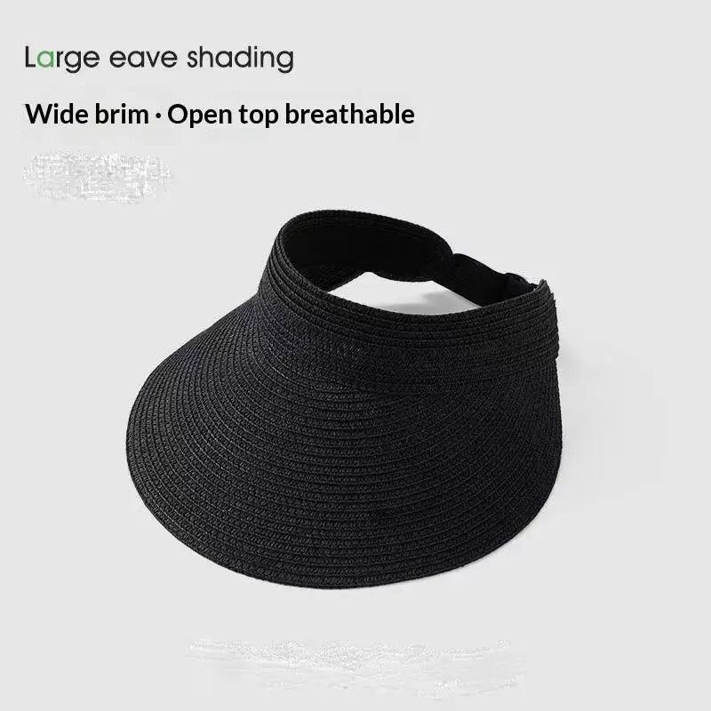 UPF50+ Foldable Straw Sun Visor Hat For Women, Wide Brim UV Protection Ponytail Hollow Beach Summer Sun Hat