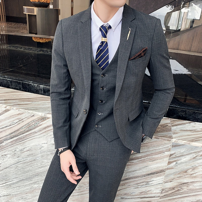 7XL Blazer Vest Pants High-end Brand Plaid Retro Business Suit Groom Wedding Party Slim Suit