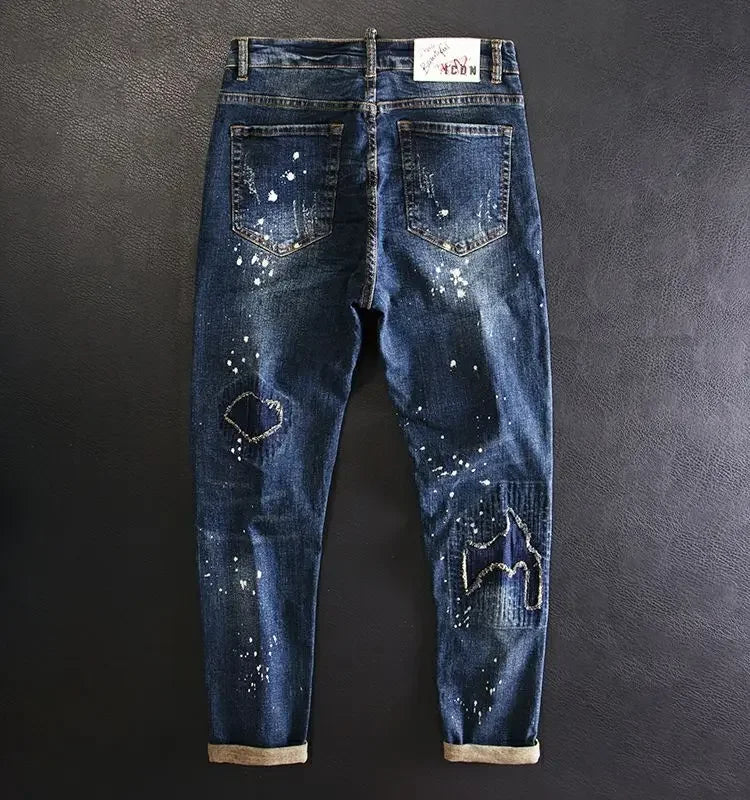 Jeans for Men Straight Cropped Trousers Graphic Motorcycle with Print Pockets Male Cowboy Pants Denim Y 2k Vintage Cotton Luxury