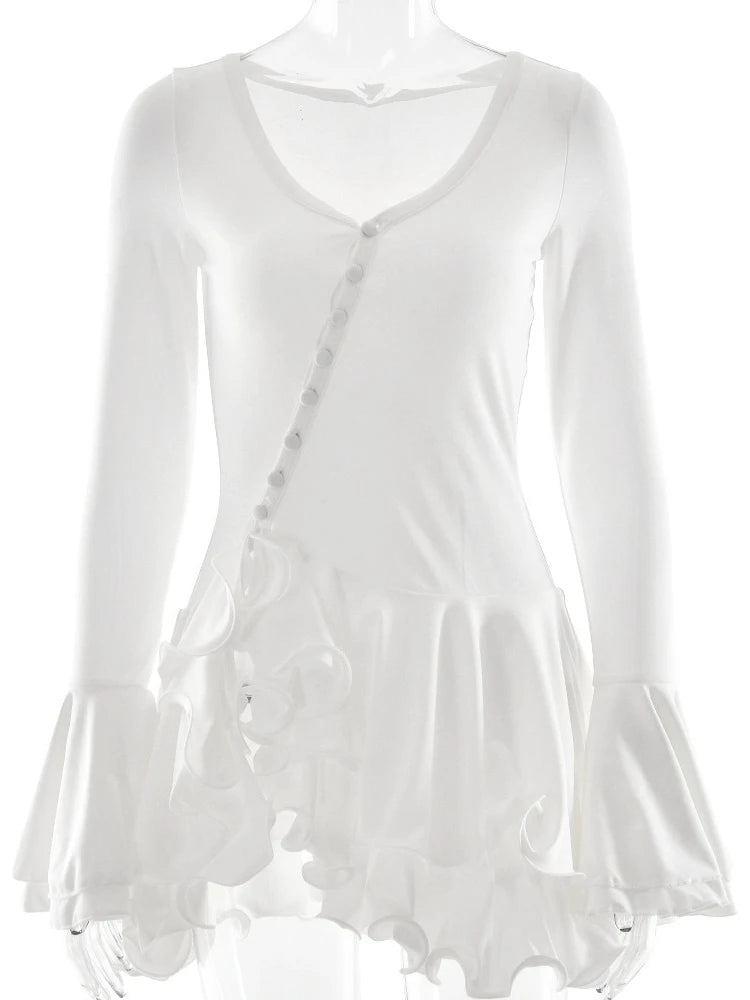 Chaxiaoa Flare Sleeve Ruffle Sexy V Neck Mini Dress Women Robe Irregular Single-breasted High Waist Slim A-line Club Dress 2025