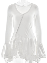 Chaxiaoa Flare Sleeve Ruffle Sexy V Neck Mini Dress Women Robe Irregular Single-breasted High Waist Slim A-line Club Dress 2025