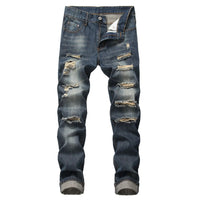 Mens Ripped Jeans Straight Slim Elasticless Tattered Trousers Autumn Streetwear Fashion Male Large Size Denim Pants