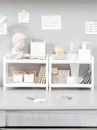 1PC PP Desktop Double Layer Storage Rack Rectangular White Organizing Student Desk Office Cosmetics Stationery