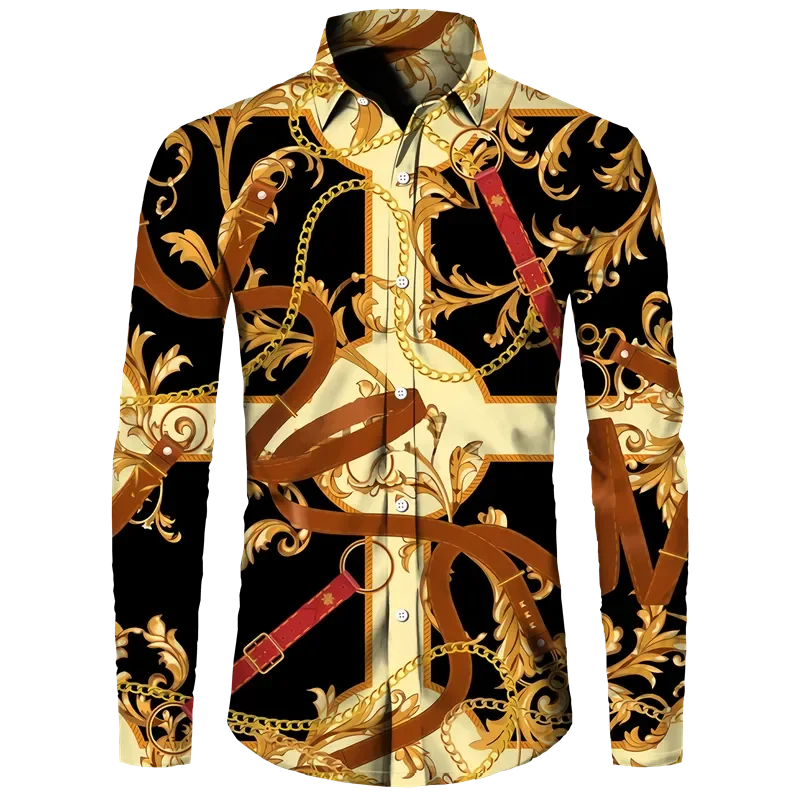 Fashion Luxury Golden Flower Print Men's Shirts Baroque Style Short/Long Sleeve Lapel Button Up Tops Social Hawai Party Cardigan