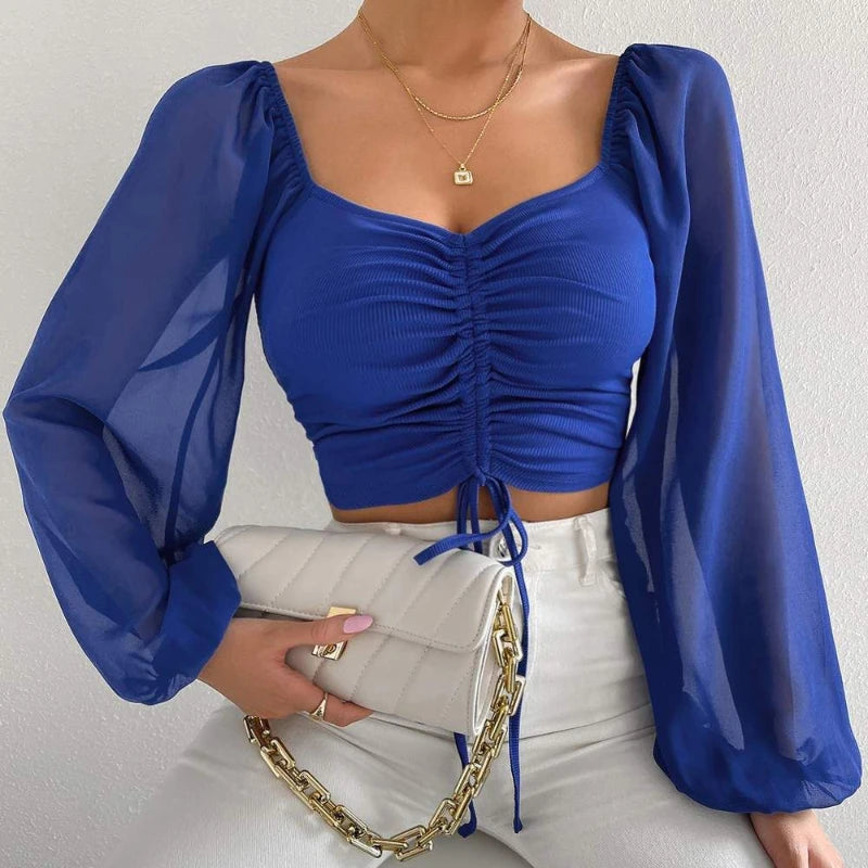 Sexy Mesh Lantern Sleeves Drawstring Wrap Chest Bare Midriff T Shirt Women Long Sleeves Bottoming Shirt Ladies Tee Shirt Tops
