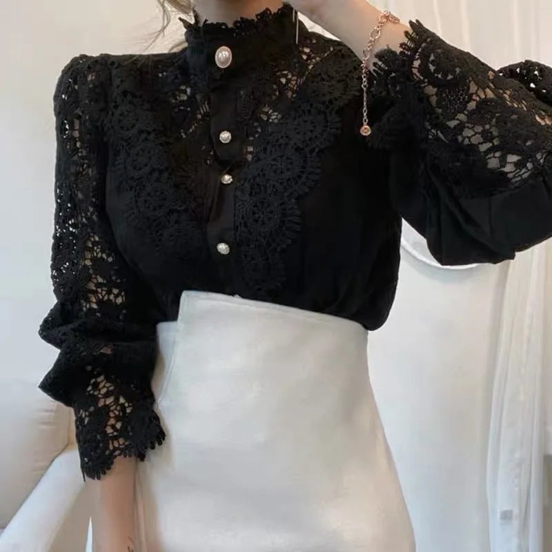 Vintage Solid White Lace Blouse Shirts Women New Korean Button Loose Shirt Tops Female Hollow Casual Ladies Blouses Blusas