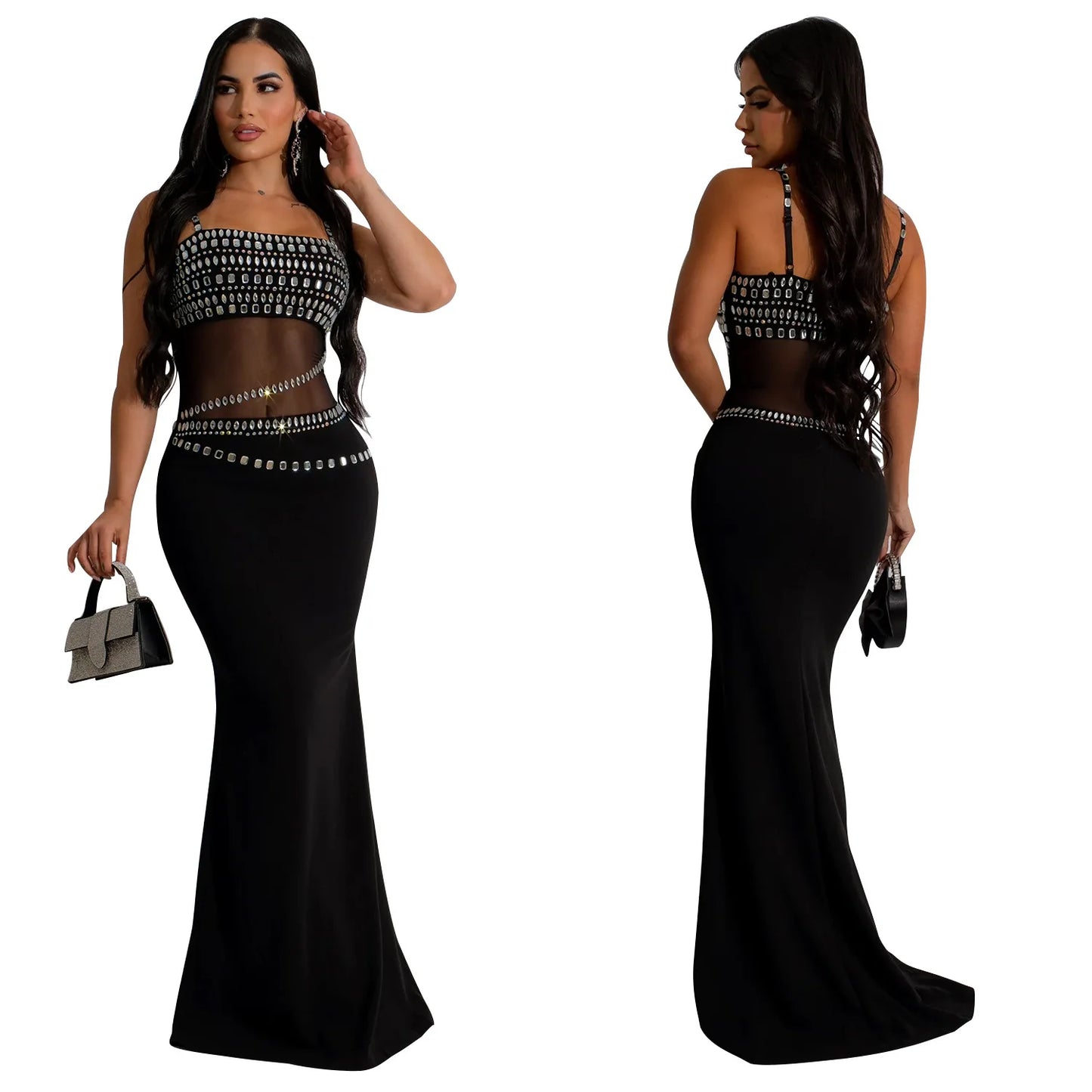 Fashion Women's Hot Diamond Mesh Dresses Summer New Sexy Transparent Lace Party Elegant Female Maxi Dress 2025