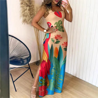 Boho Womens Summer Dress Retro Print Casual Slim Slit Square Neck Sleeveless Strappy Elegant  Tank Dresses For Women Robe