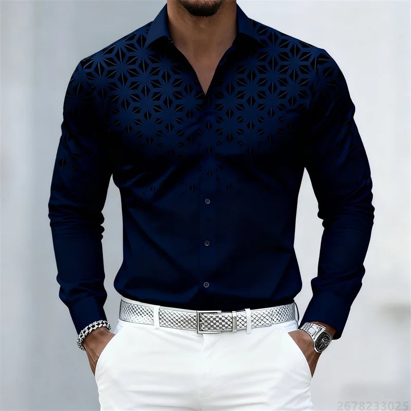 17 colors of men's shirts, fashionable geometric pattern print long sleeve shirts, personalized trendy slim lapel casual shirts