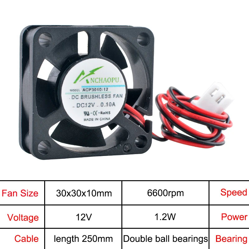 ANCHAOPU ACP3010 3cm 30mm fan 30x30x10mm DC5V/12V/24V 2pin Micro axial flow fan cooling fan for power printers