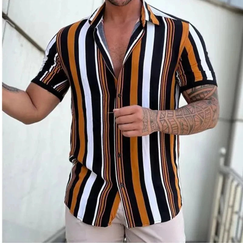 New Men's Shirts Fashion Stripes Print Short-sleeved Tees Summer Tops Men Turn-down Collar Button Casual T-shirt Clothing