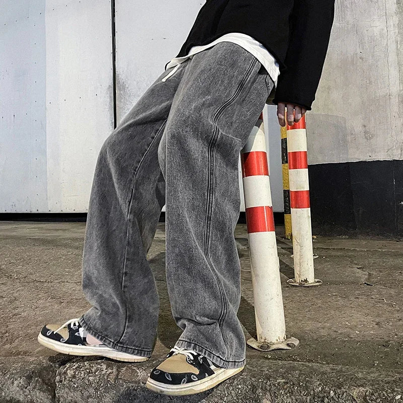 Autumn Korean Fashion Baggy Jeans For Men Classic Drawstring Straight Wide-leg Denim Pants Casual Y2K Vintage Jean Trousers