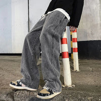 Autumn Korean Fashion Baggy Jeans For Men Classic Drawstring Straight Wide-leg Denim Pants Casual Y2K Vintage Jean Trousers