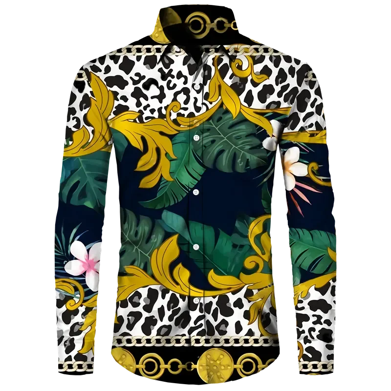 Fashion Luxury Golden Flower Print Men's Shirts Baroque Style Short/Long Sleeve Lapel Button Up Tops Social Hawai Party Cardigan