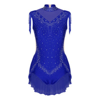 Womens Jazz Dance Leotard Skirted Sparkling Rhinestones Mock Neck Sleeveless Sheer Mesh Patchwork Tassel Bodysuit