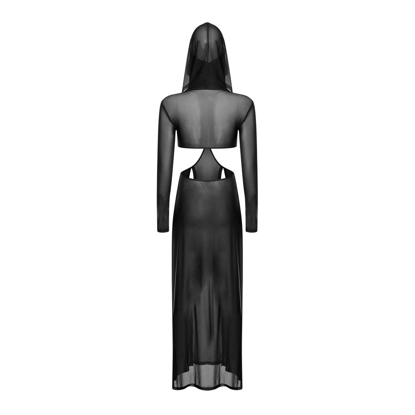 Women Sheer Dress with Hooded Face Mask Maxi High Slit Sexy Mesh Dress Long Sleeves Hollow Out Sheer Dress Cover Up Swimwear