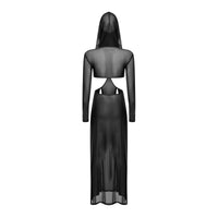Women Sheer Dress with Hooded Face Mask Maxi High Slit Sexy Mesh Dress Long Sleeves Hollow Out Sheer Dress Cover Up Swimwear