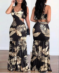 Pencil Dresses Women V Neck Backless Hollow Sling Dress Print Slim Fit Casual Sleeveless Pleated Vestidos Elegant Summer