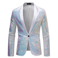 Shiny Sequin Men's Suit Jacket, Stage Performance Coat, White Silver Blue Red Purple Blazers V-neck Single Button S M L XL XXL