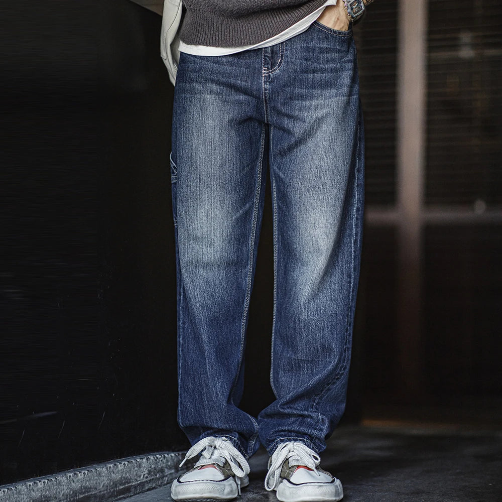 Maden Retro Blue Logging Mens Jeans with Washed Denim Loose Fit Cotton And Non-Elastic Waist Daily Wear Casual Pants
