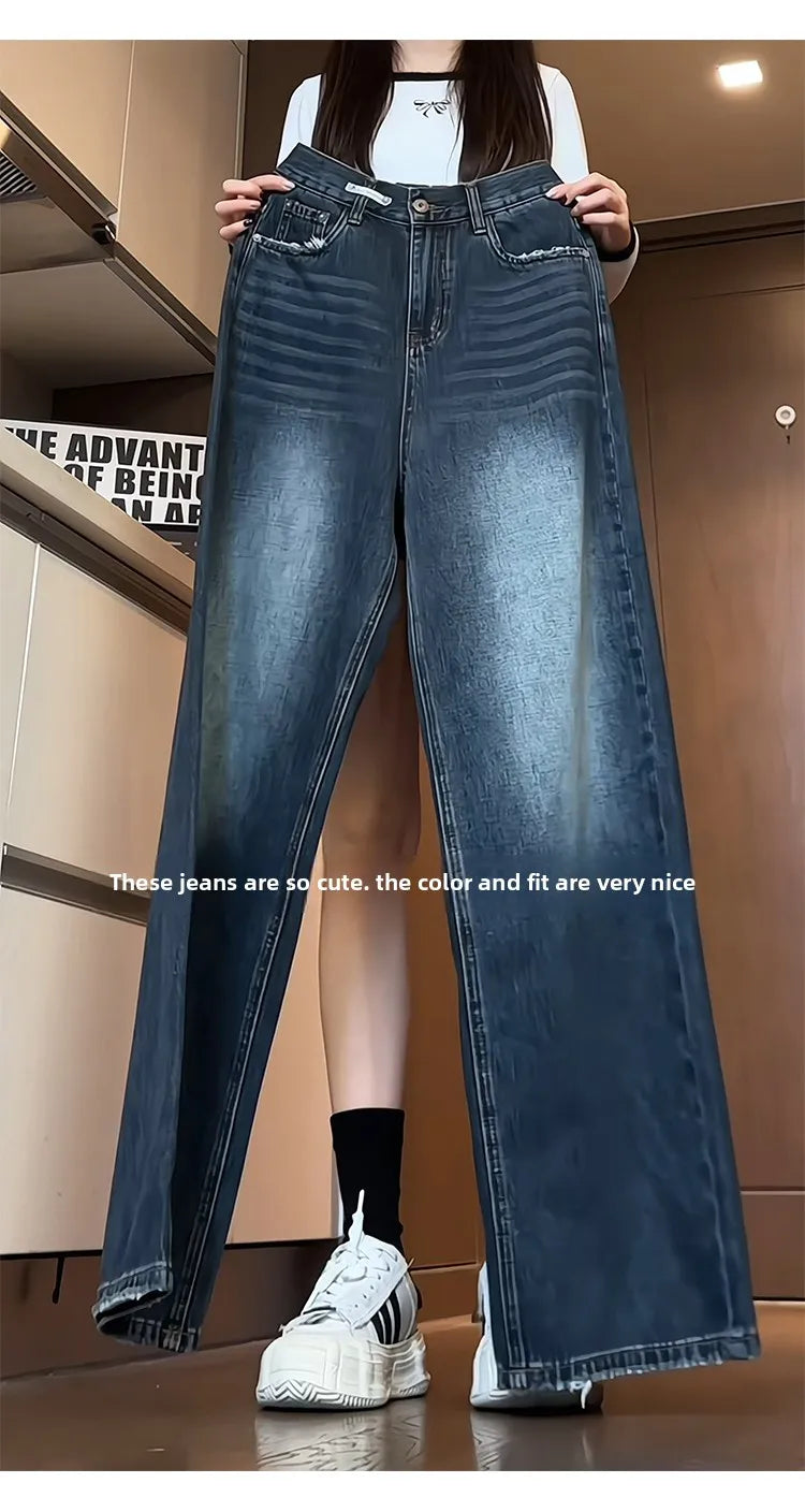 Jeans women's loose straight spring and autumn 2025 new large size American casual retro all-match wide-leg trousers trend