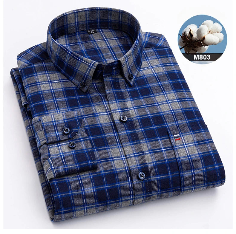 New in shirtplus size 7XL 100%cotton sanding long-sleeve shirts for men slim fit plain shirt striped plaid single pocket clothes