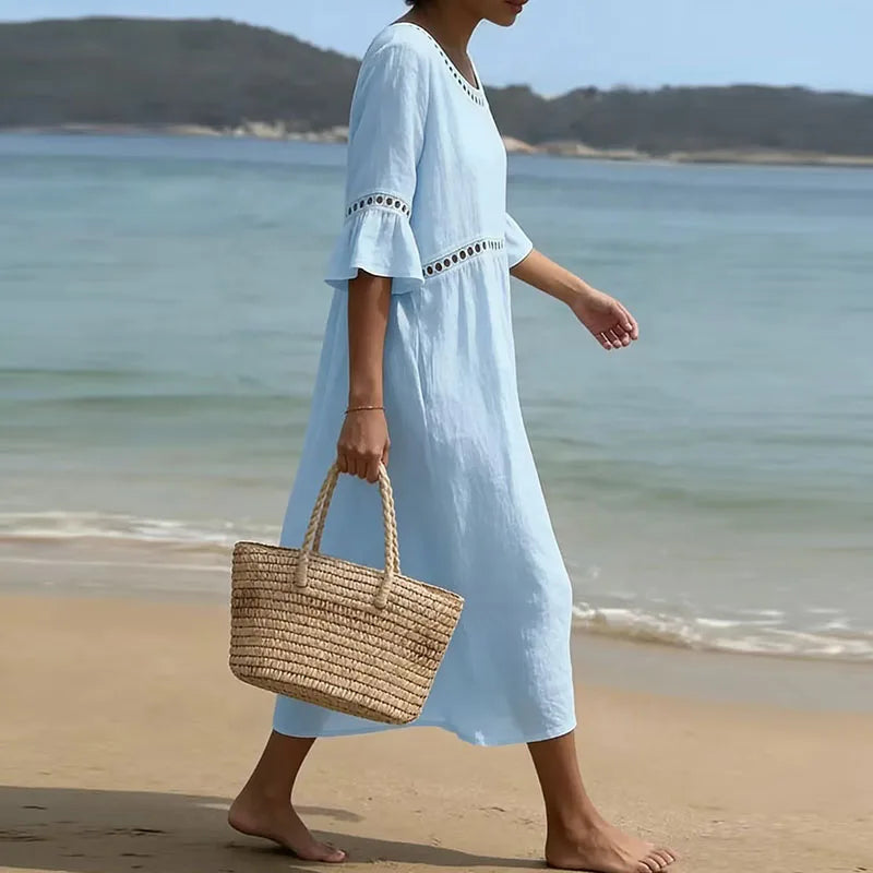 Summer Beach Vacation Dresses Women's Sexy O Neck High Waist Hollow A-Line Dress Spring Flare Sleeve Linen Vintage Dress Vestido