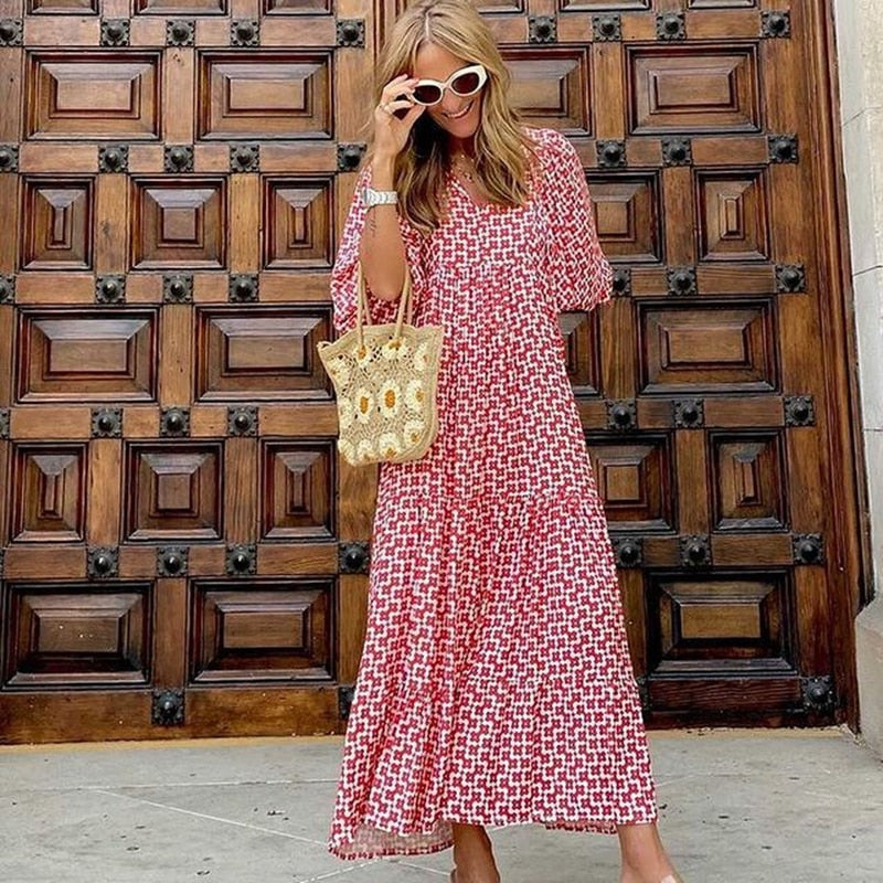 Puff Sleeve Boho Maxi Dress Elegant Women Summer 2022 Casual Floral Drawstring V-Neck Loose Holiday Beach Dresses Party Vestidos