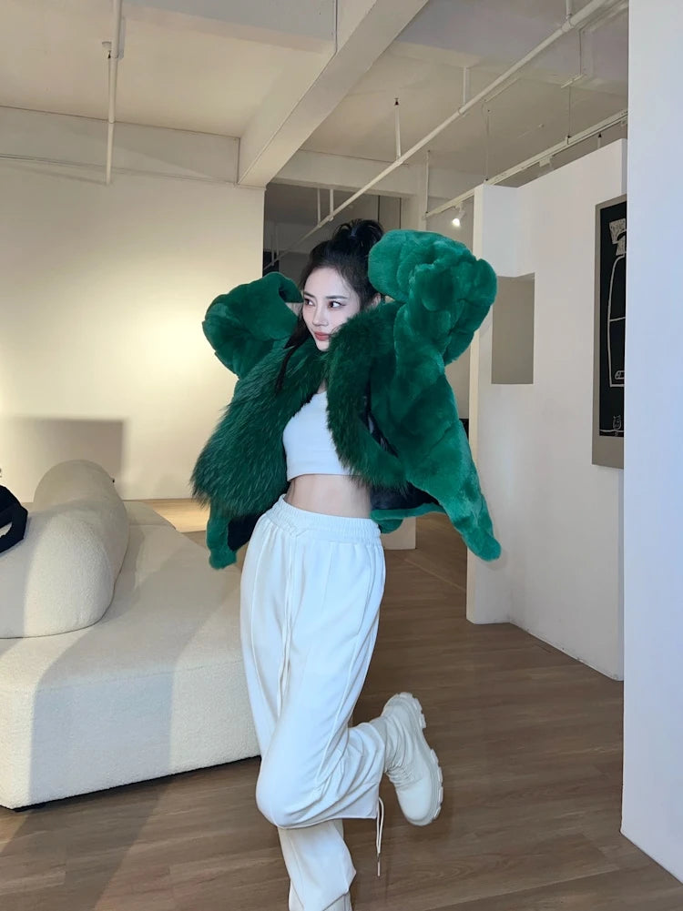 Furyoume Women Coat Real Rex Rabbit Fur Jacket With Natural Raccoon Fur Collar Women Winter Outerwear Chinchilla Fur Overcoat