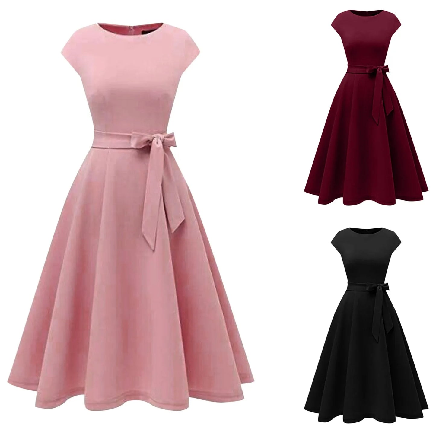 Pink Sleeveless Dress Women Crew Neck Big Swing Dress Vintage Robe Femme Elegant pin up Party Office Midi Dresses Xmas Vestidos