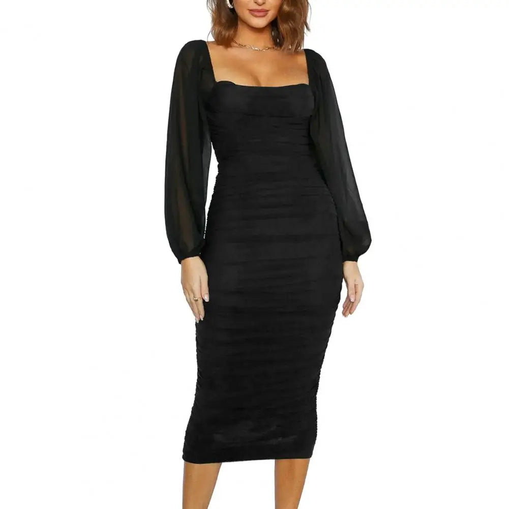 Women Sexy Evening Dress Pleated Sheath Long Lantern Sleeve Mesh Solid   Mega Mart Center