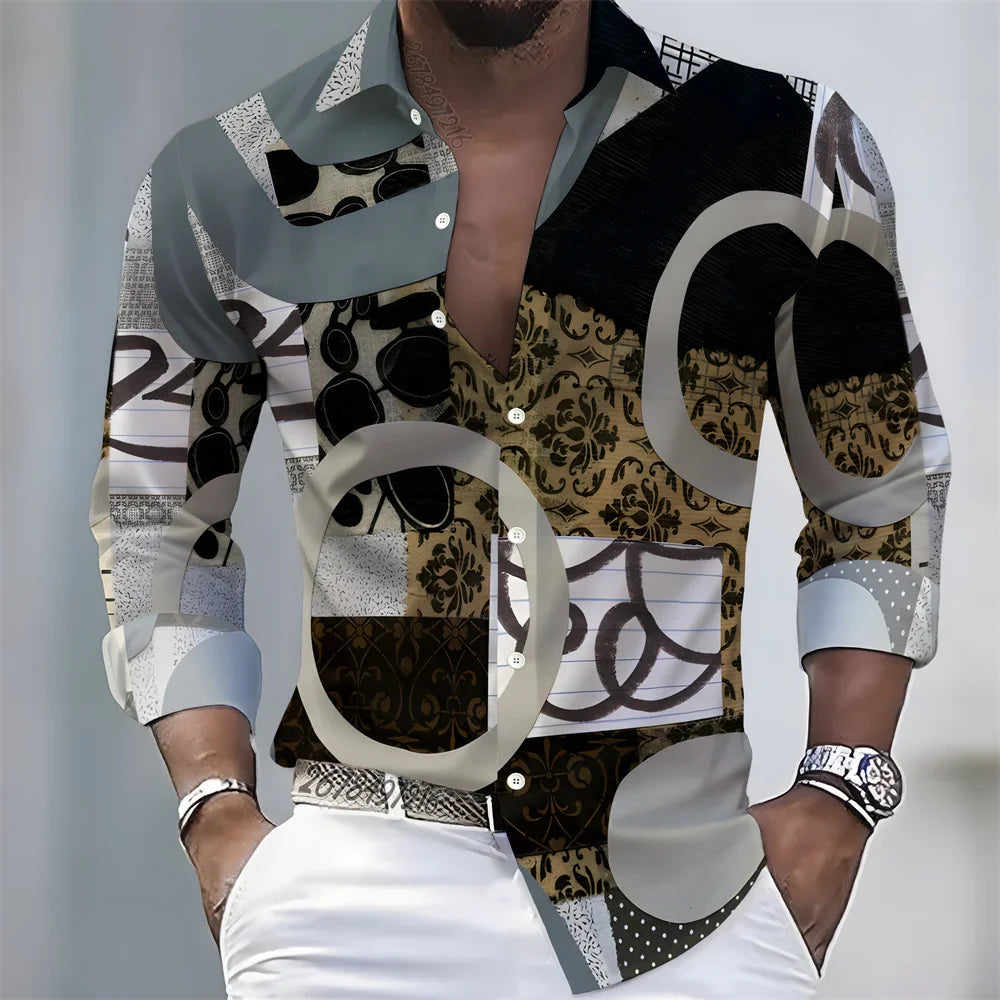 Men's Retro Color-Blocked Floral Print Long-Sleeve Shirt with Paisley Pattern Design, Casual Top for Spring and Autumn