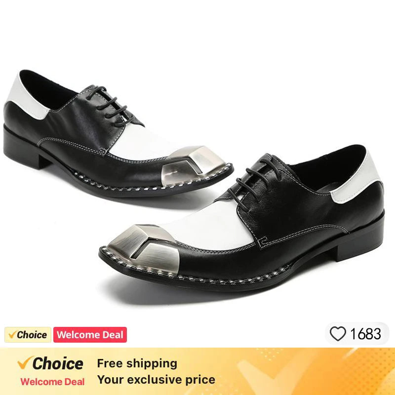 LUXURY MEN'S OXFORD SHOES BLACK MIX COLOR CASUAL DRESS MAN SHOES LACE UP POINTED TOE POLISH REAL LEATHER SHOES FOR MEN