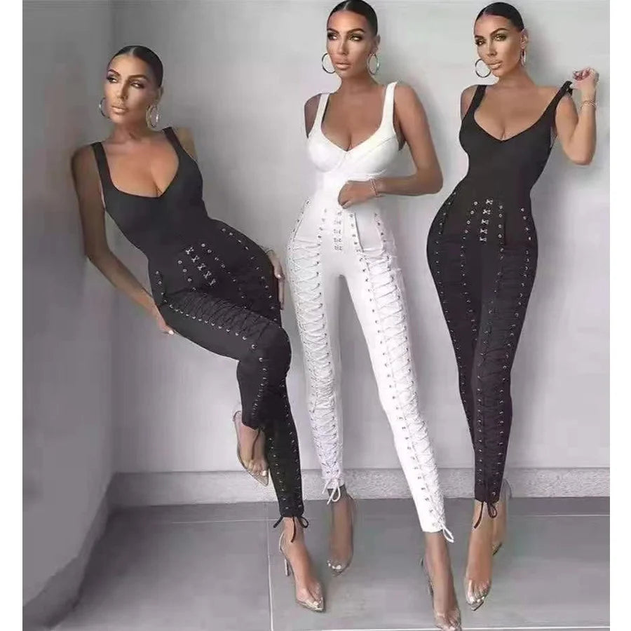 Shipping European Style High Free waist Sleeveless V neck Sexy lady bandage jumpsuit tight long pants one-pcs garment jumpsuit