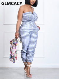 Women Casual Striped Jumpsuit Slim Zipper Front Tube Jumpsuit Overalls