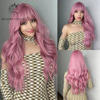 Blonde Unicorn Synthetic Long Wavy Wig Ombre Purple to Blue for Woman Cosplay Halloween Wigs Heat Resistant Fiber Bangs Hair