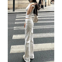 Fashionable White Low Waist Slightly Flared Jeans for Women, Fashionable and Versatile Casual Loose Wide-leg Bell-flop Pants