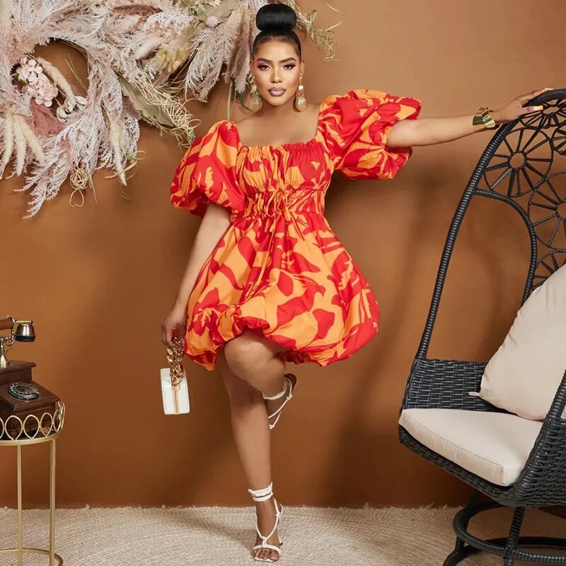 African Print Dresses for Women Summer Elegant African Off Shoulder Short Puff Sleeve Mini Birthday Evening Gowns African Dress