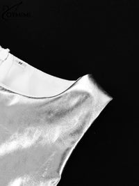 Oymimi Sexy Slim Sliver Pu Leather Dress Ladies Bodycon O-Neck Sleeveless Dress Elegant Classicc Party Dresses For Women 2023