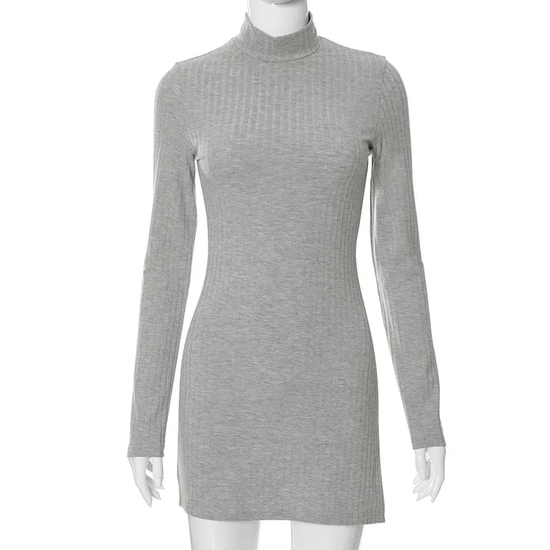 BoozRey Elegant Solid Dress for Women Winter Fall Knitted Bottom Split Skirt Casual Streetwear Turtleneck Bodycone Dress Girl