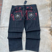 2000s washing old vintage printed jeans men gothic trend loose pants super large washing hip hop fashion wide pants