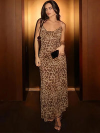 Mooyufon Leopard Print Dress Woman Summer Sexy Swing Collar Spaghetti Straps Backless Ruffles Party Clubwear Skinny Vestidos