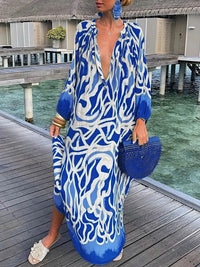 Women Boho Print Beach Cover Up 2023 Summer Sexy Deep V-Neck Long Sleeve Long Dresses Female Vintage Maxi Dresses Elegant Robe