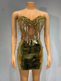 Sparkly Gold Silver Rhinstones Fringes Top Skirt Set Women Sexy Strapless Designer Two Pieces Dress Nightclub Party Stage Outfit