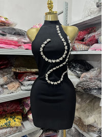 Red Black Color Women Sexy Off the Shoulder Shinning Crystal Bodycon Mini Bandage Dress Nightclub Party Bar Singer Birthday Wear