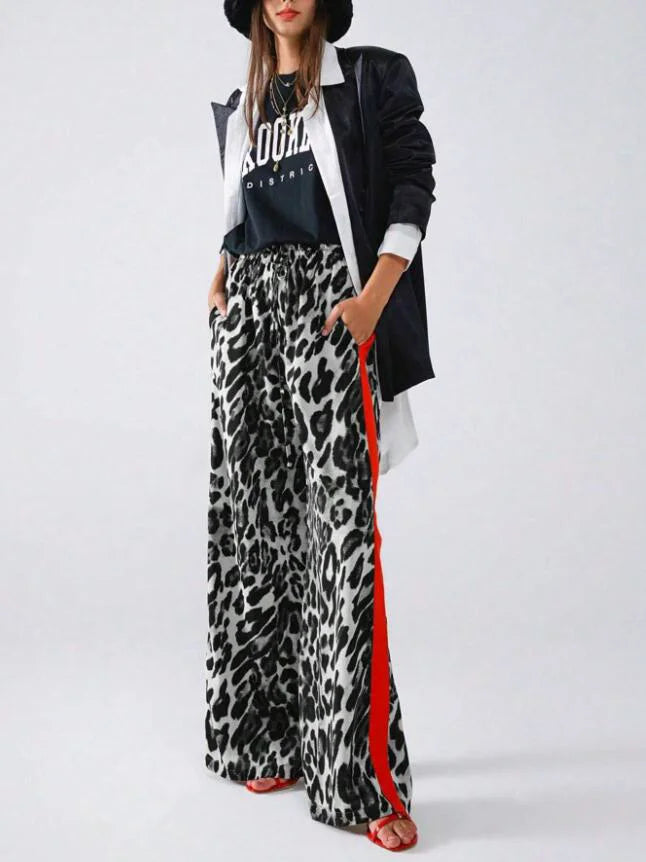 New women's fashion leopard print casual straight leg wide leg pants