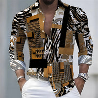 2026 Spring/Autumn New Men's Light Luxury Baroque Style Long-Sleeved Shirt with Color-Blocked Geometric Print Lapel Cardigan