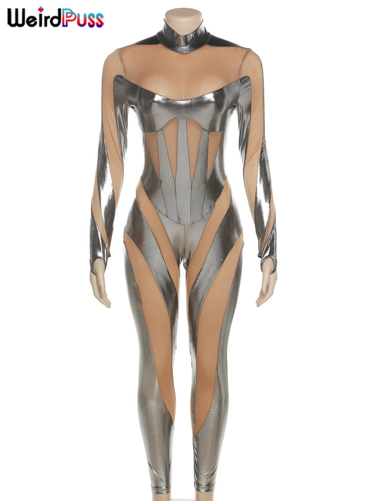 Weird Puss Sexy Summer Jumpsuits Silky Mesh Hollow Patchwork Zip Long Sleeve Activity Skinny Midnight Clubwear Workout Overalls